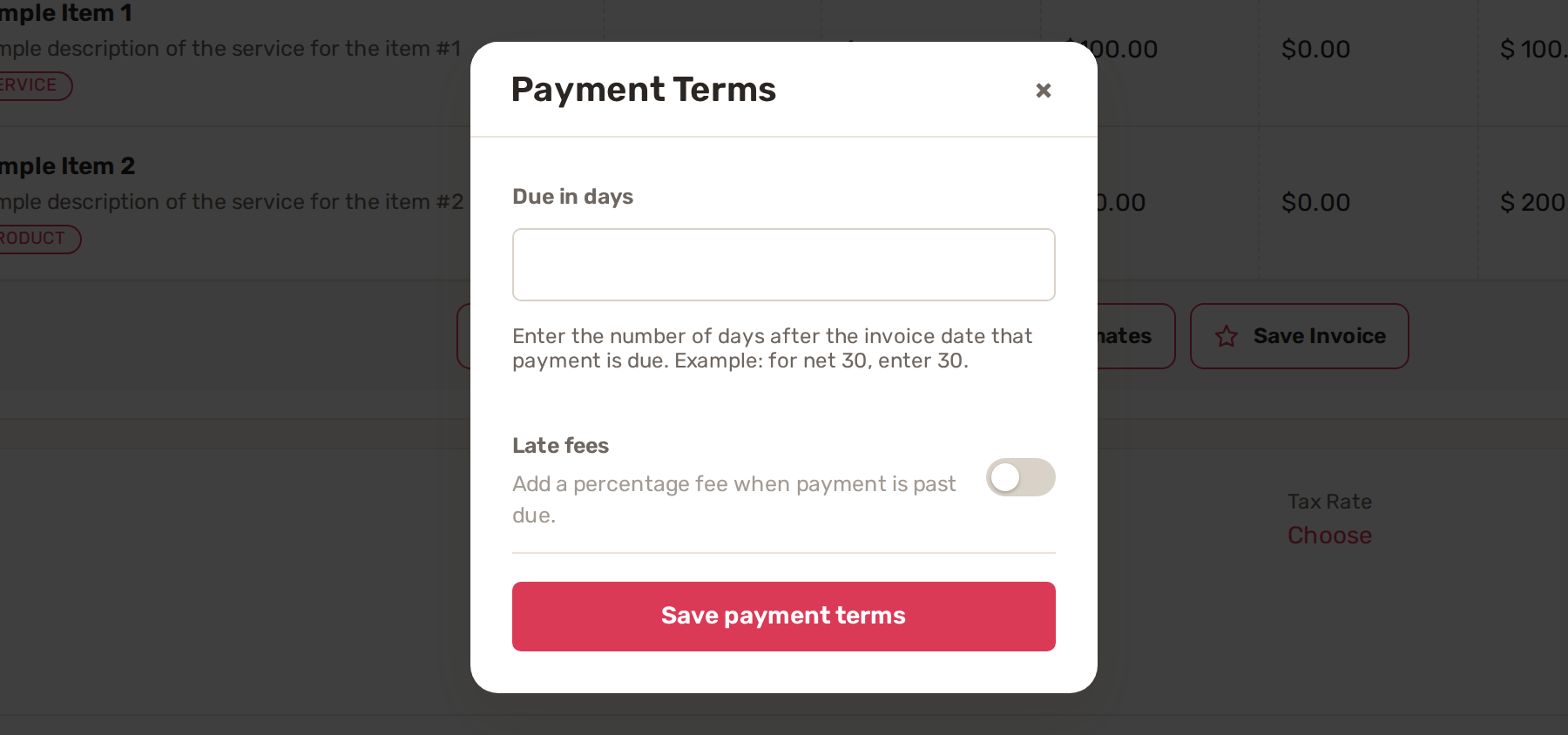 The Payment Terms window with Due in days, a Late fees switch and Save payment terms