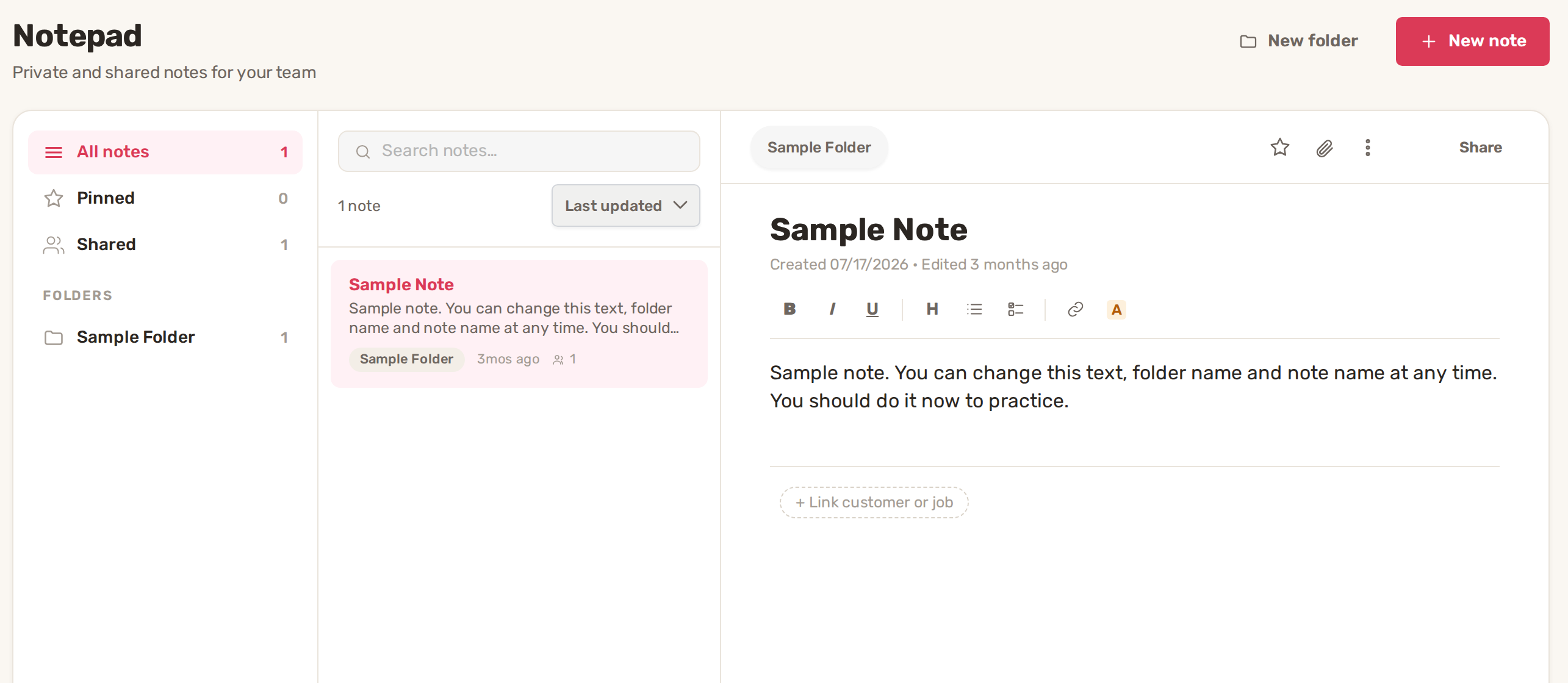 Notepad with All notes, Pinned, Shared and a folder on the left, the note list in the middle and an open note on the right