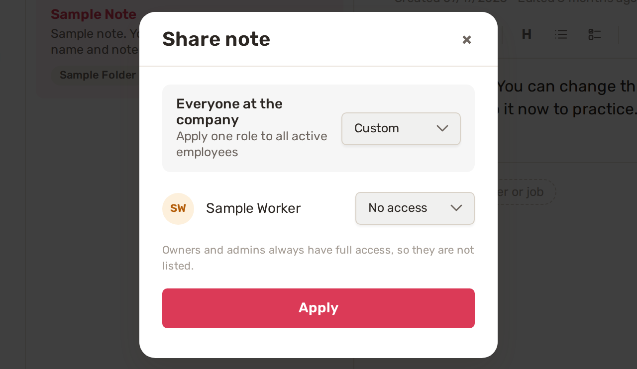 The Share note window: one role for everyone at the company, or a role per team member