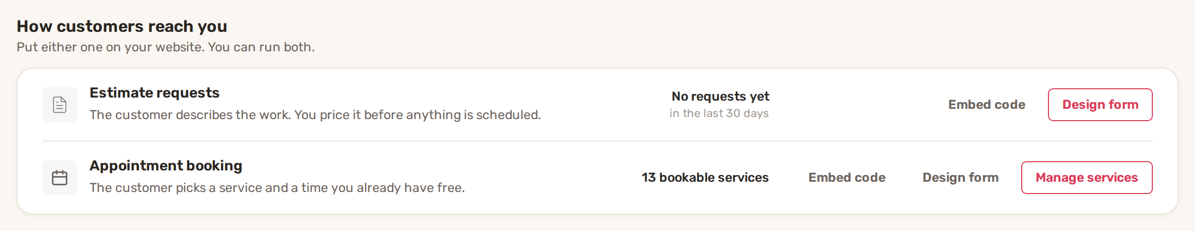 Work setup, How customers reach you: Estimate requests and Appointment booking with 13 bookable services, Embed code, Design form and Manage services
