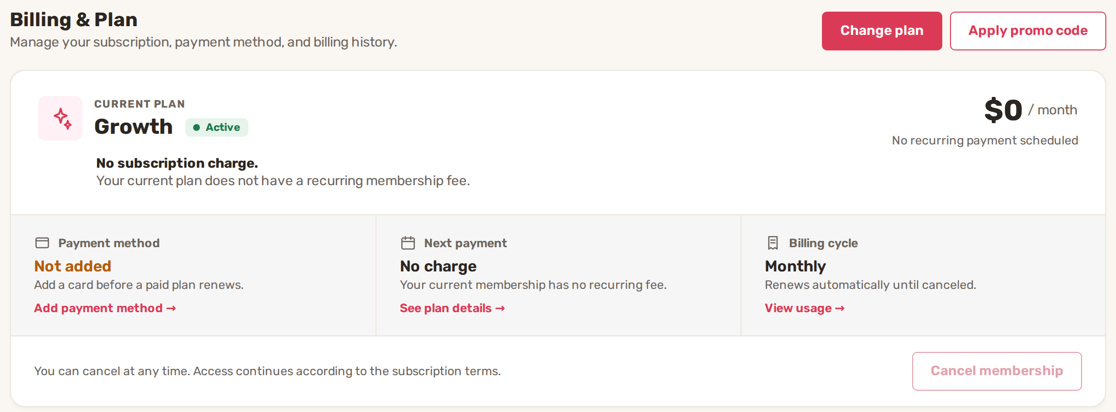 Billing and Plan with the Change plan and Apply promo code buttons above the current plan card