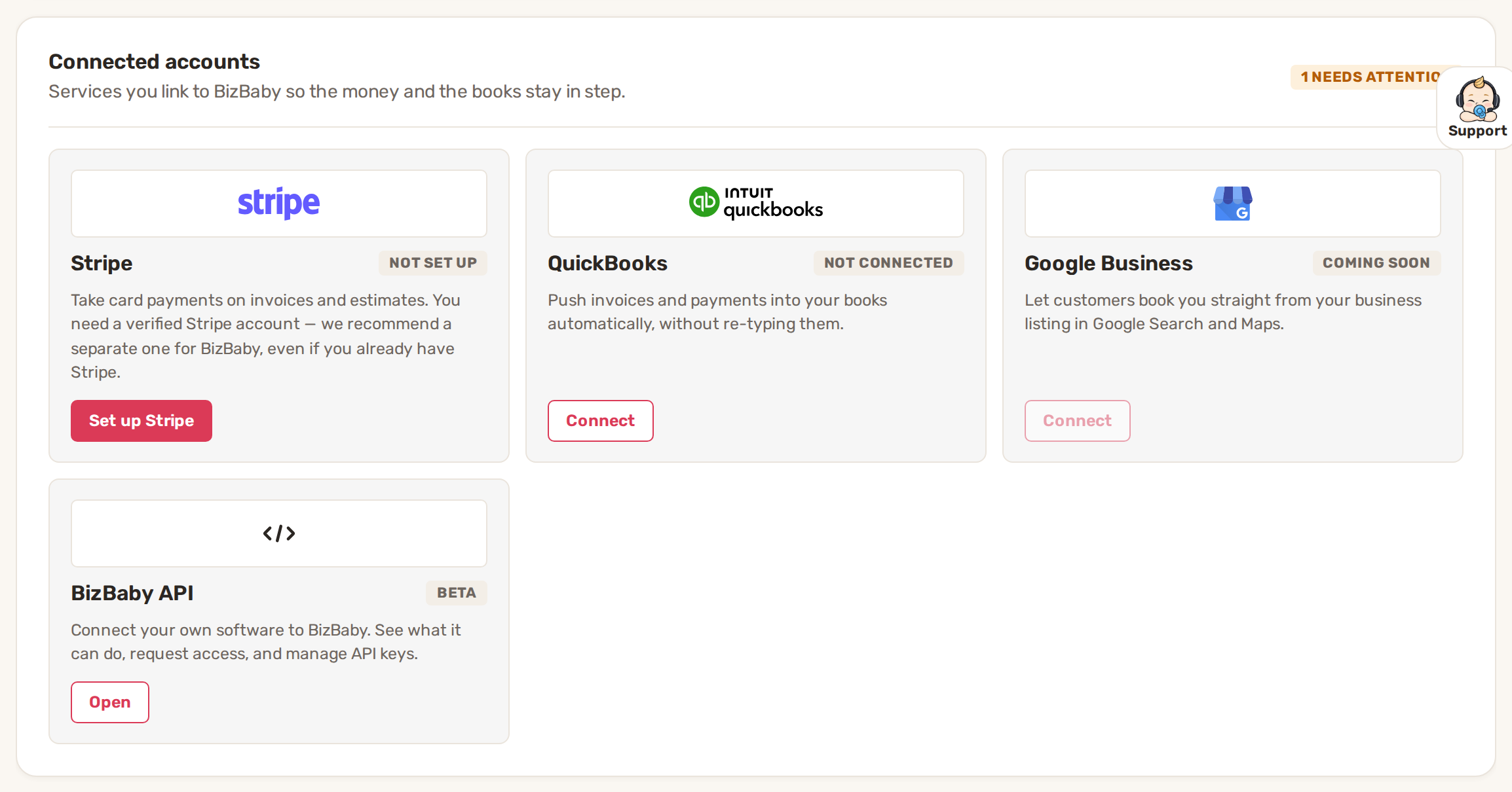 Connected accounts on the Integrations tab: Stripe, QuickBooks with a Connect button, Google Business and BizBaby API