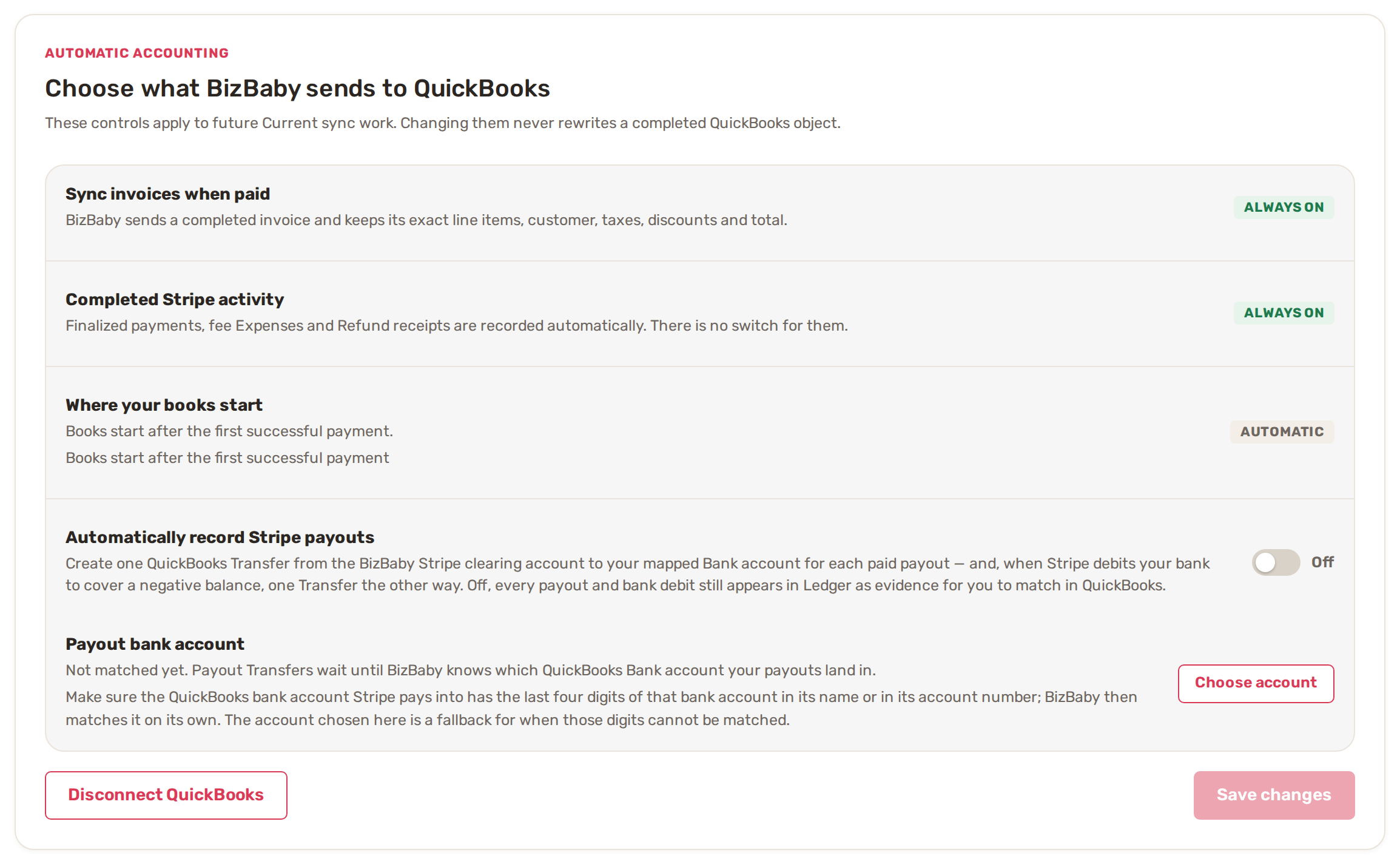 The QuickBooks Settings tab: Sync invoices when paid and Completed Stripe activity are always on; Stripe payouts can be switched on