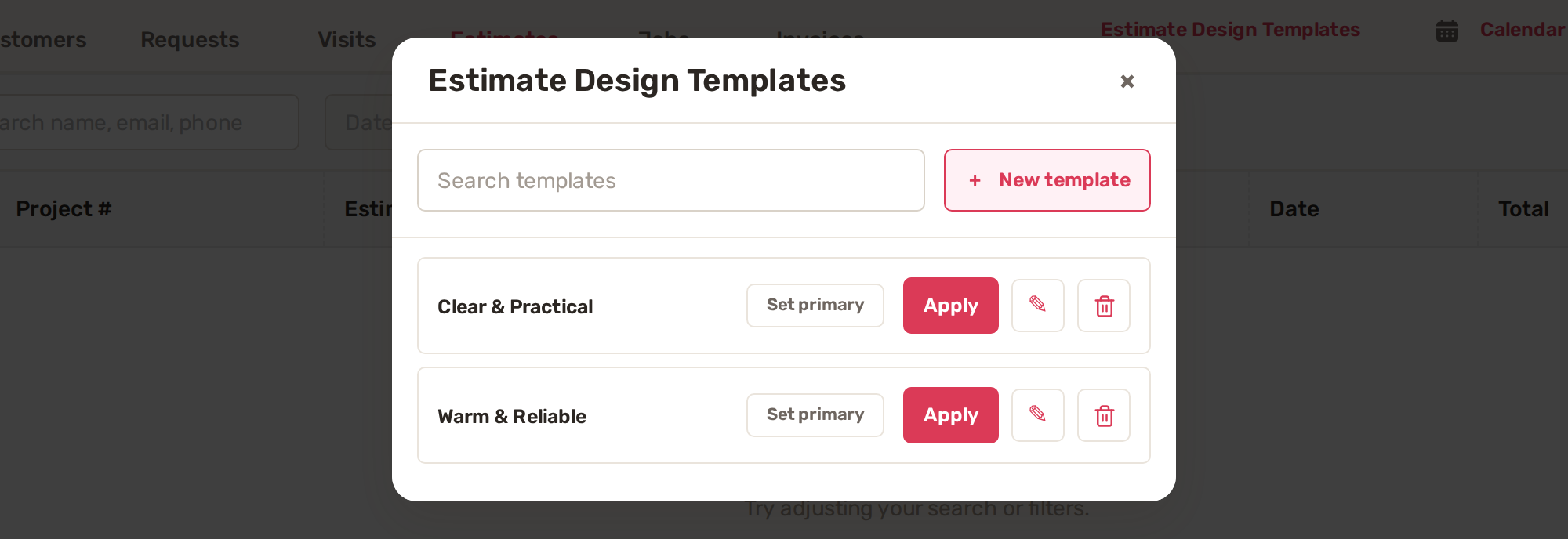 The Estimate Design Templates window with two templates, each with Set primary, Apply, edit and delete buttons