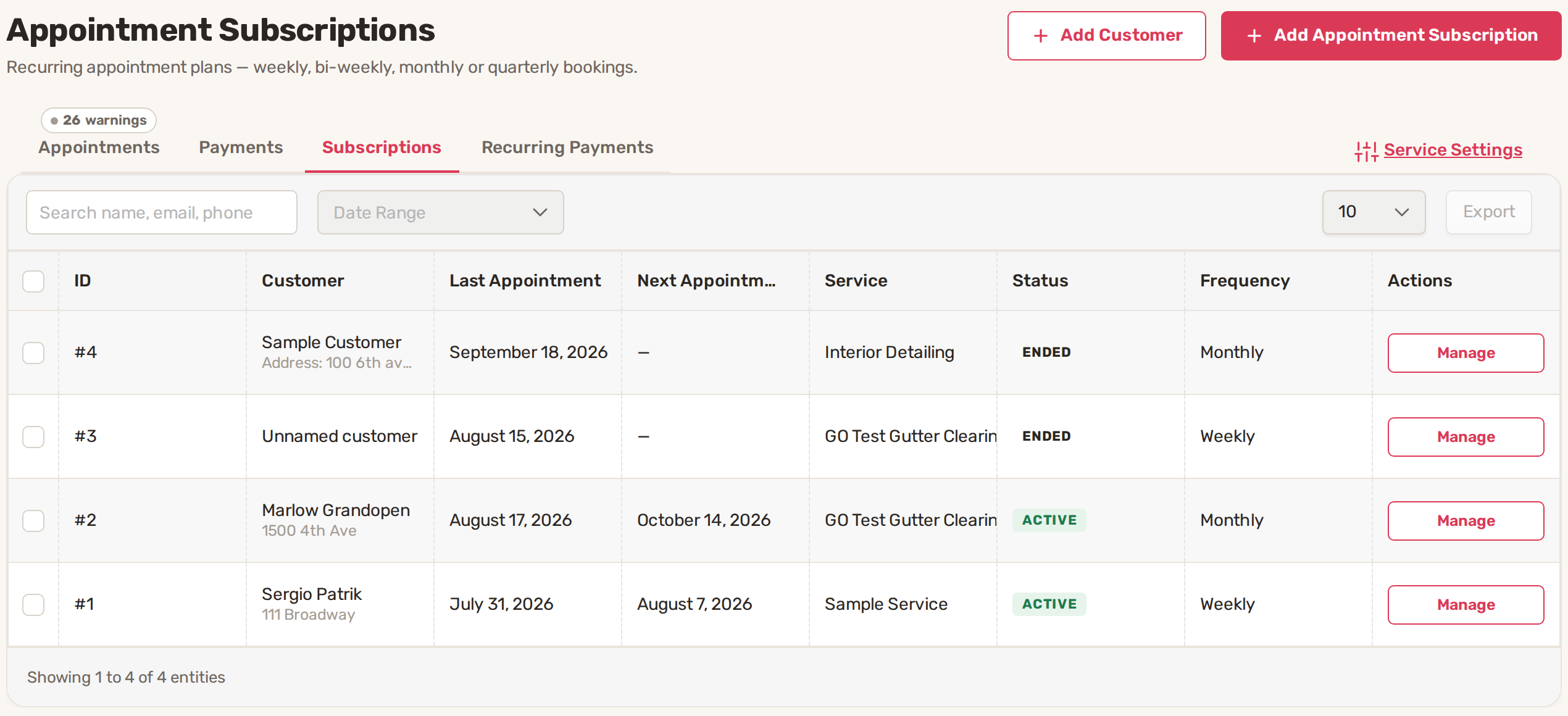 Appointment Subscriptions list with two Active and two Ended series and a Manage button on each row