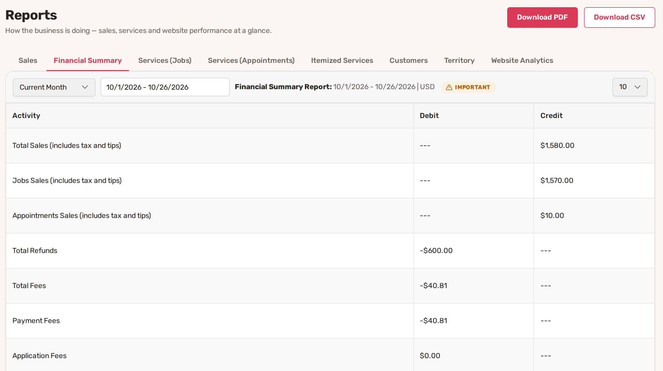 The Financial Summary tab: total sales, jobs and appointments sales, refunds and fees for the current month