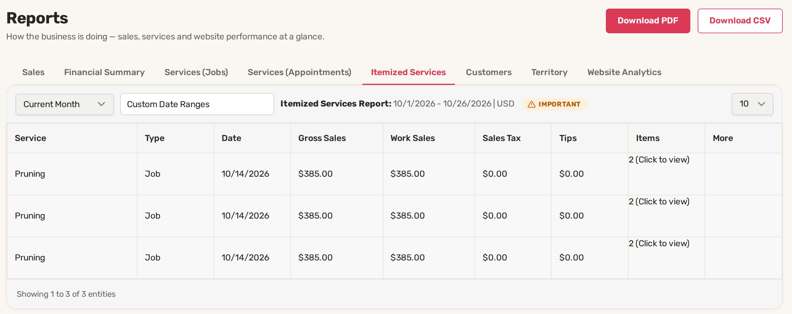 The Itemized Services tab: one row per paid job with gross sales, work sales, tax, tips and its items