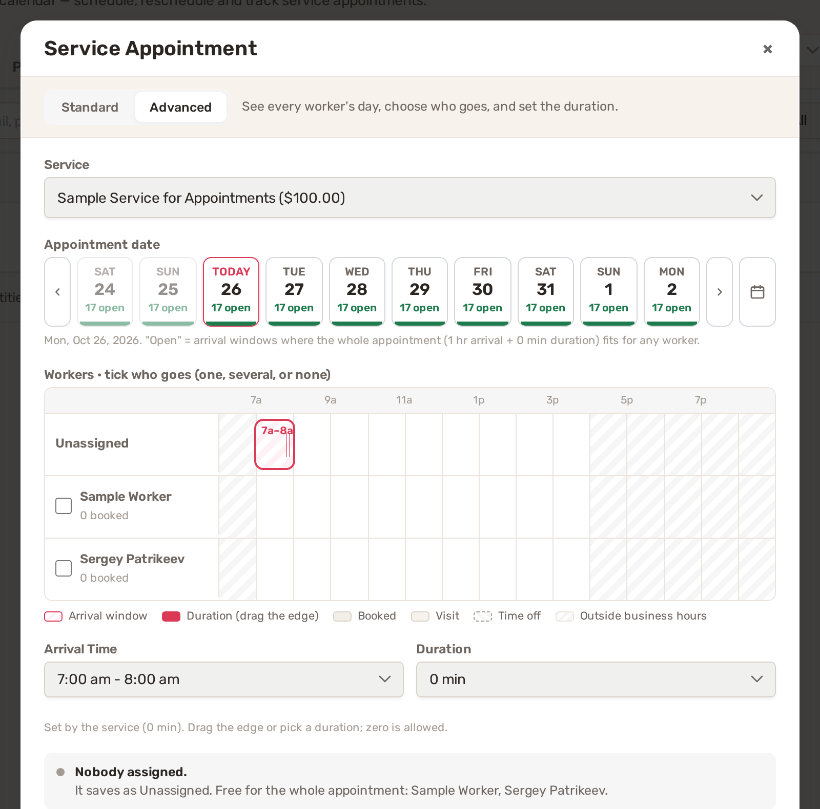 The Service Appointment window on Advanced: a strip of days with open arrival windows, a timeline with an Unassigned line and one line per worker, and the arrival time and duration