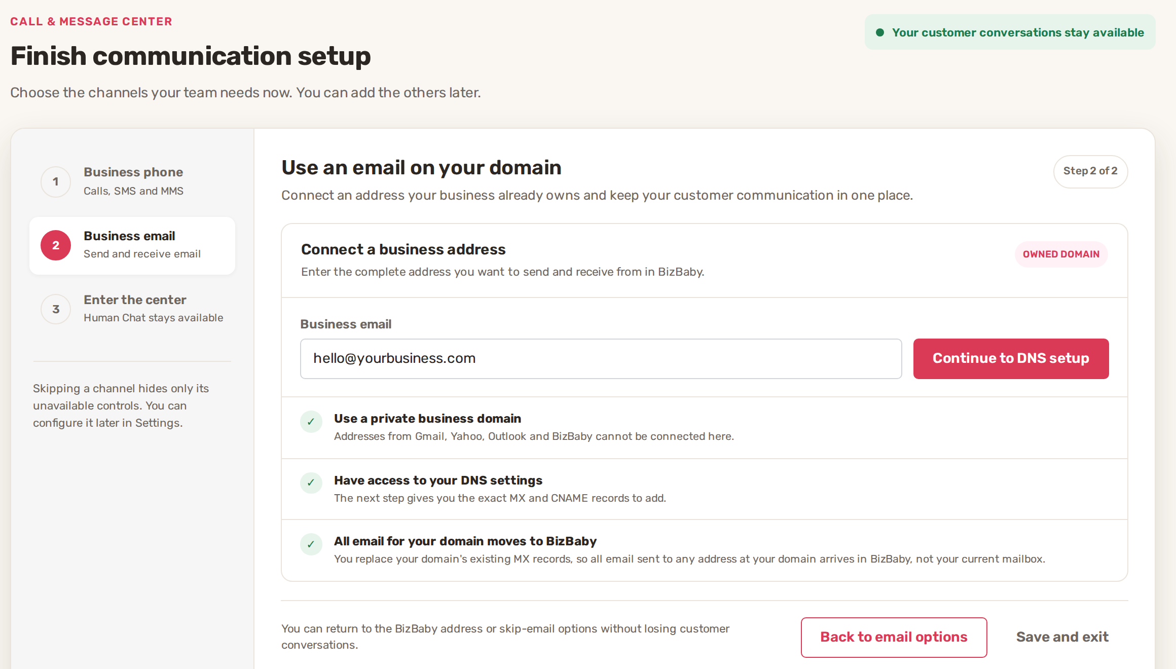 Use an email on your domain: the Business email field with hello@yourbusiness.com, the Continue to DNS setup button and three things to know