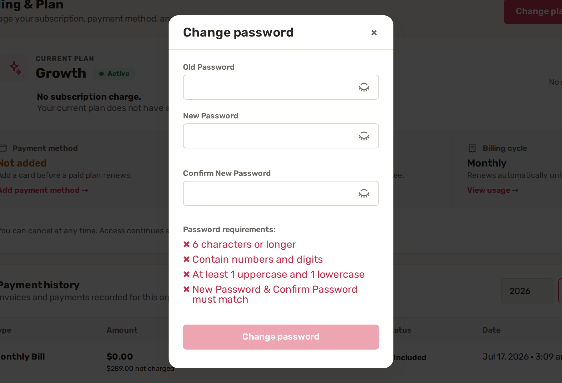 The Change password window with Old Password, New Password, Confirm New Password and the password requirements