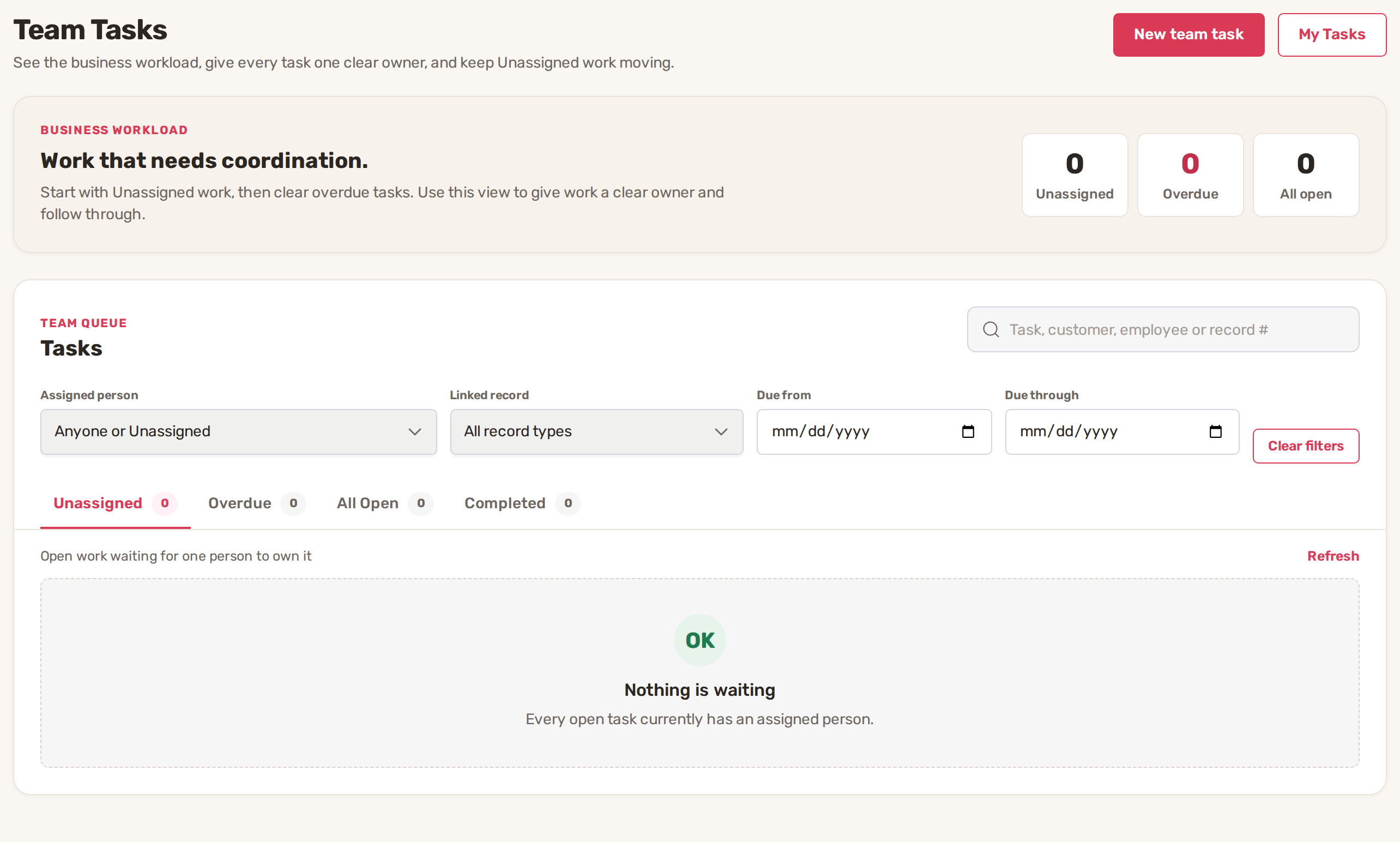 The Team Tasks page with counts for Unassigned, Overdue and All open, filters and the Unassigned tab