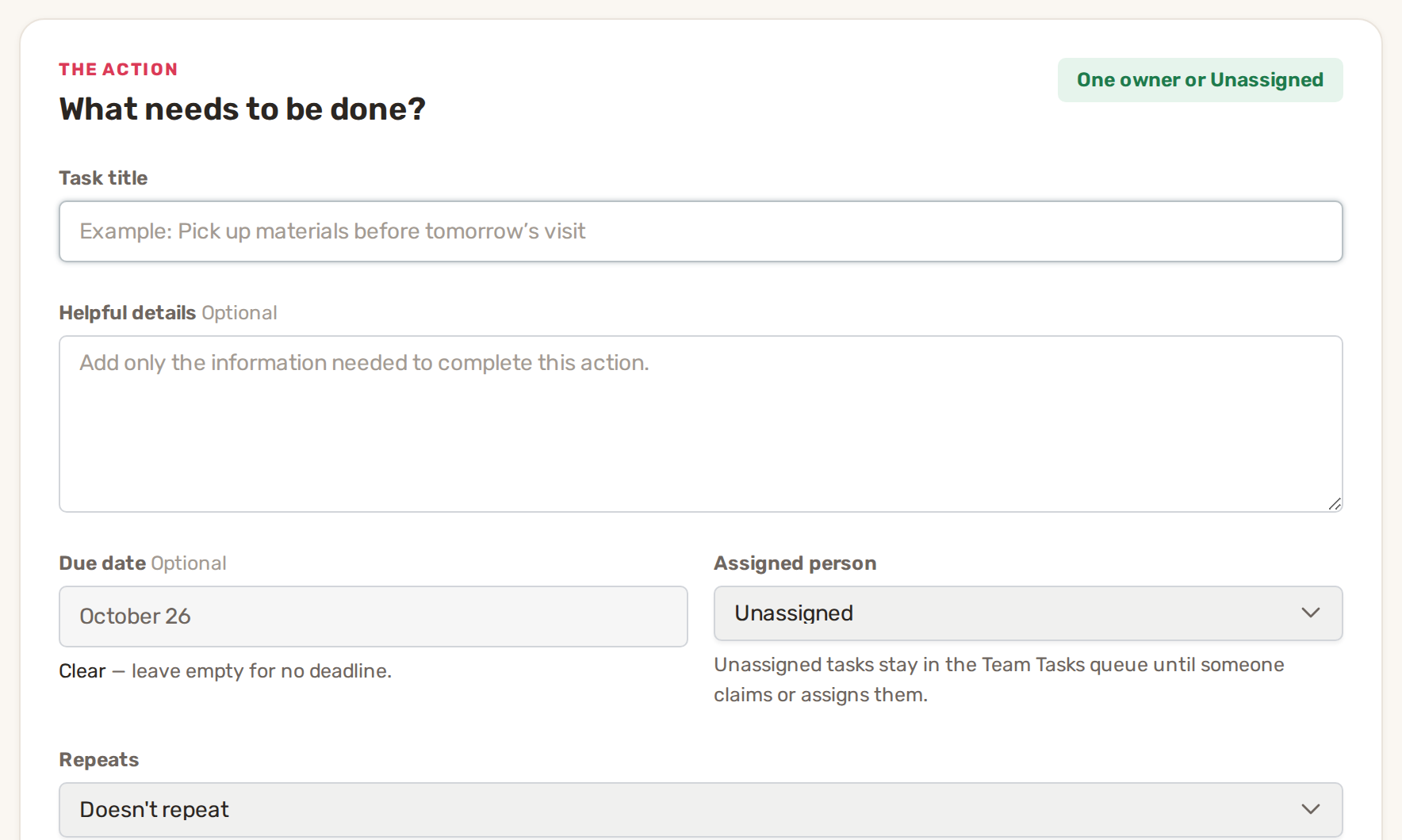 The New Team Task form: task title, helpful details, due date, assigned person set to Unassigned, and Repeats