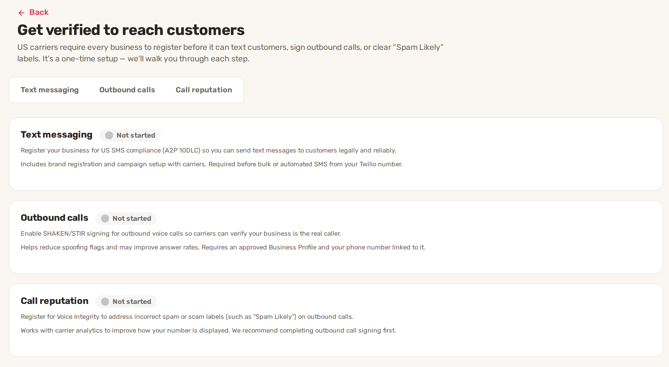 The Get verified to reach customers page with the Text messaging, Outbound calls and Call reputation cards, each marked Not started