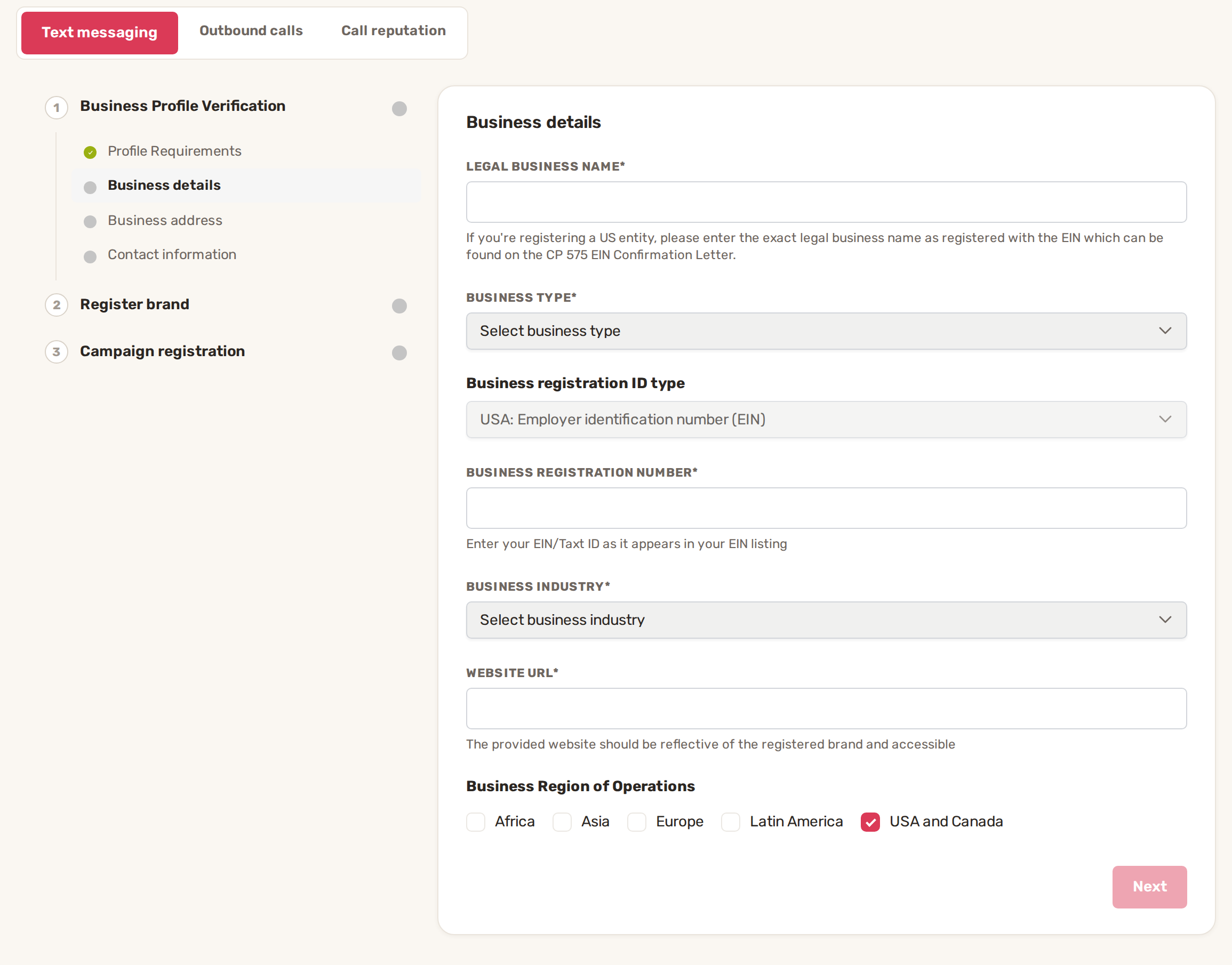 Business details step: legal business name, business type, business registration number, business industry and website URL
