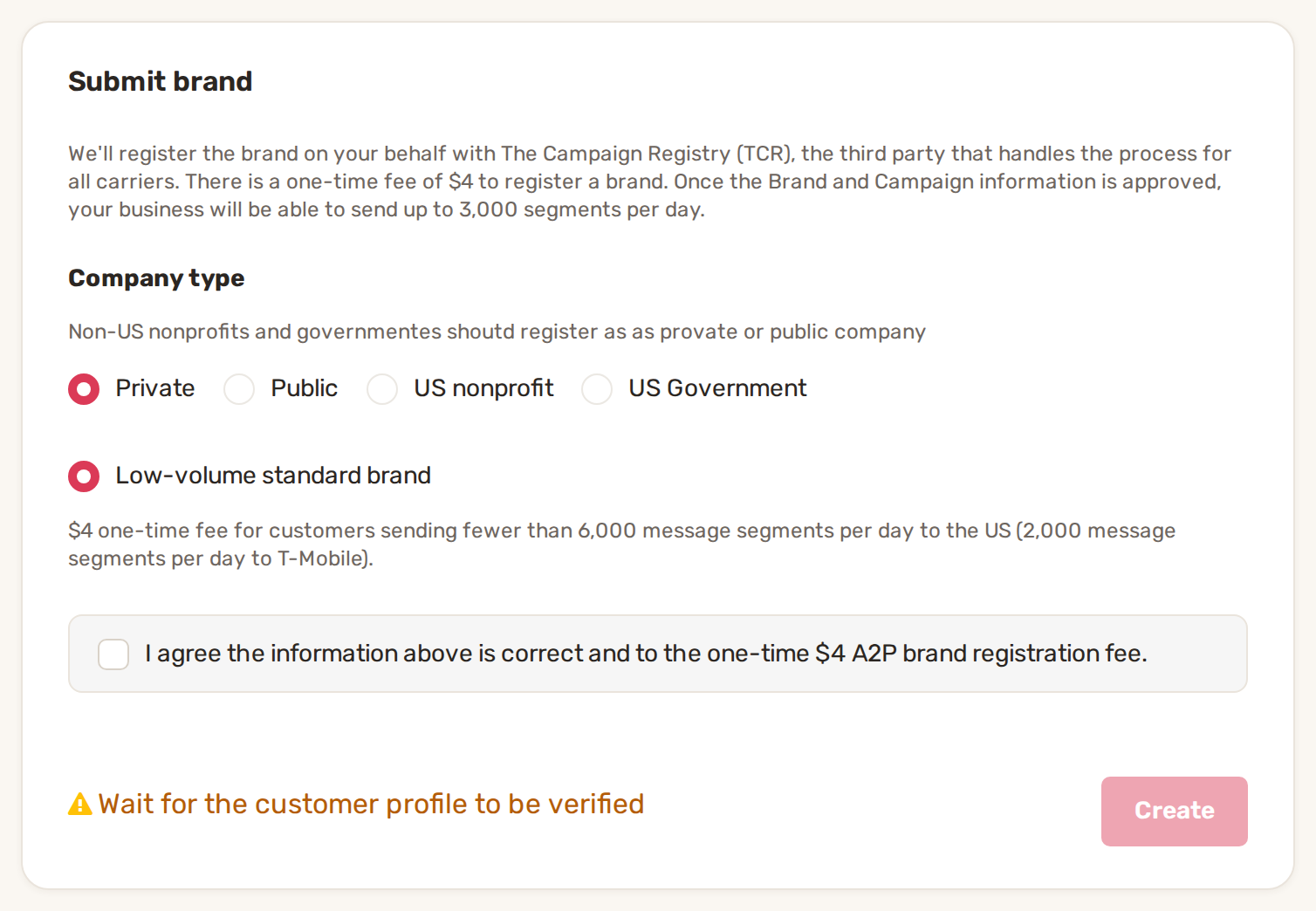 The Submit brand step with Private and Low-volume standard brand selected and the $4 fee agreement