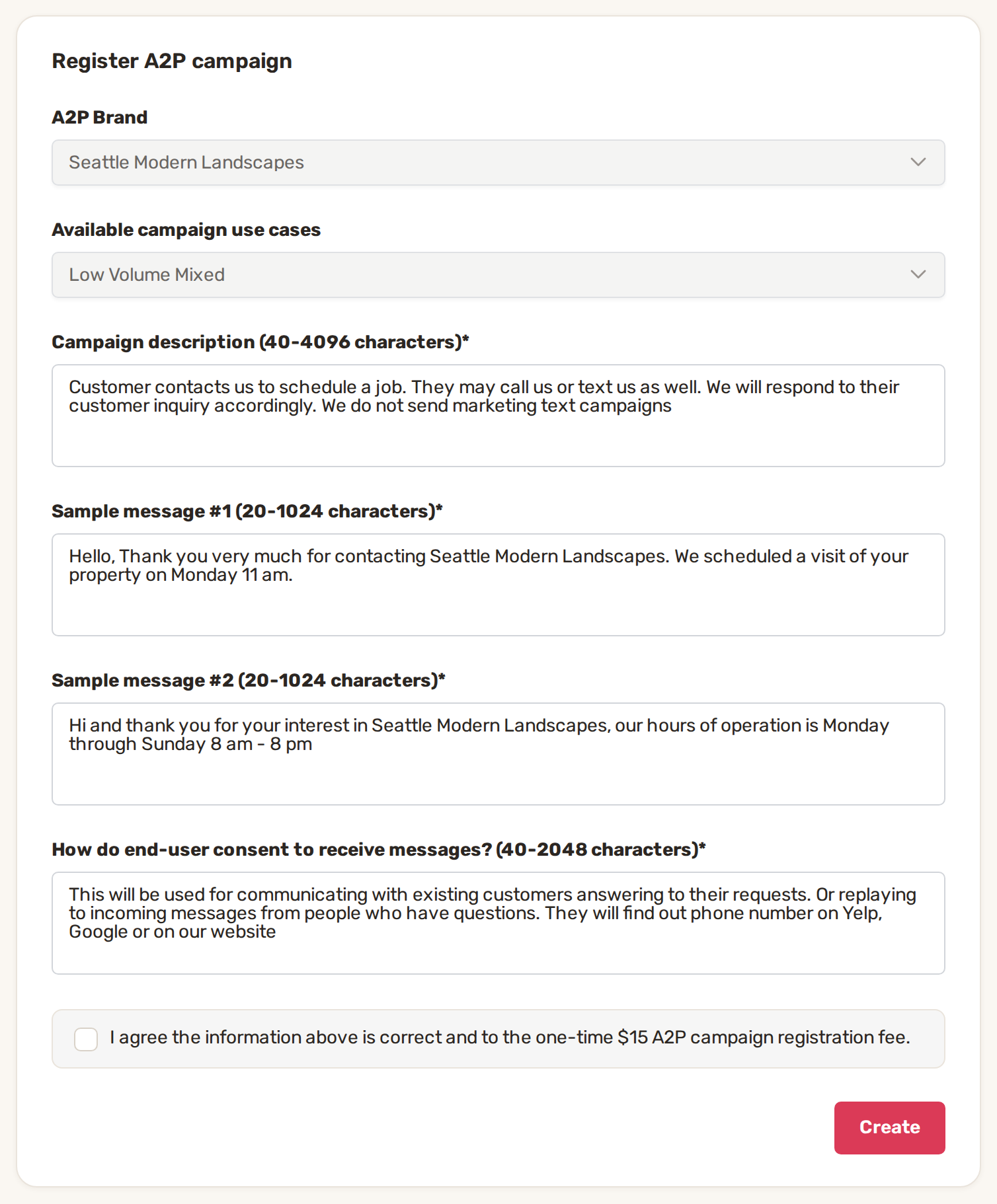 The Register A2P campaign step with the campaign description, two sample messages and how customers consent