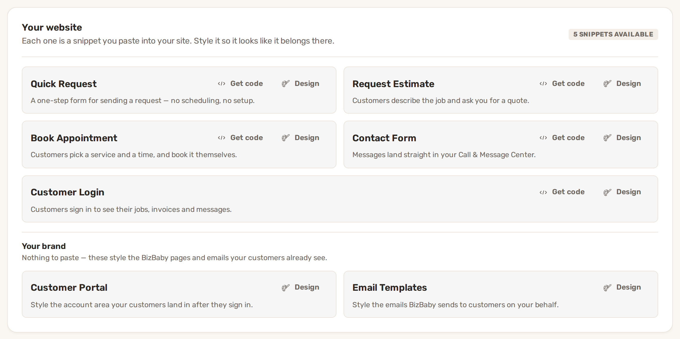 Integrations: the Your website section with the Customer Login snippet, and Your brand with Customer Portal