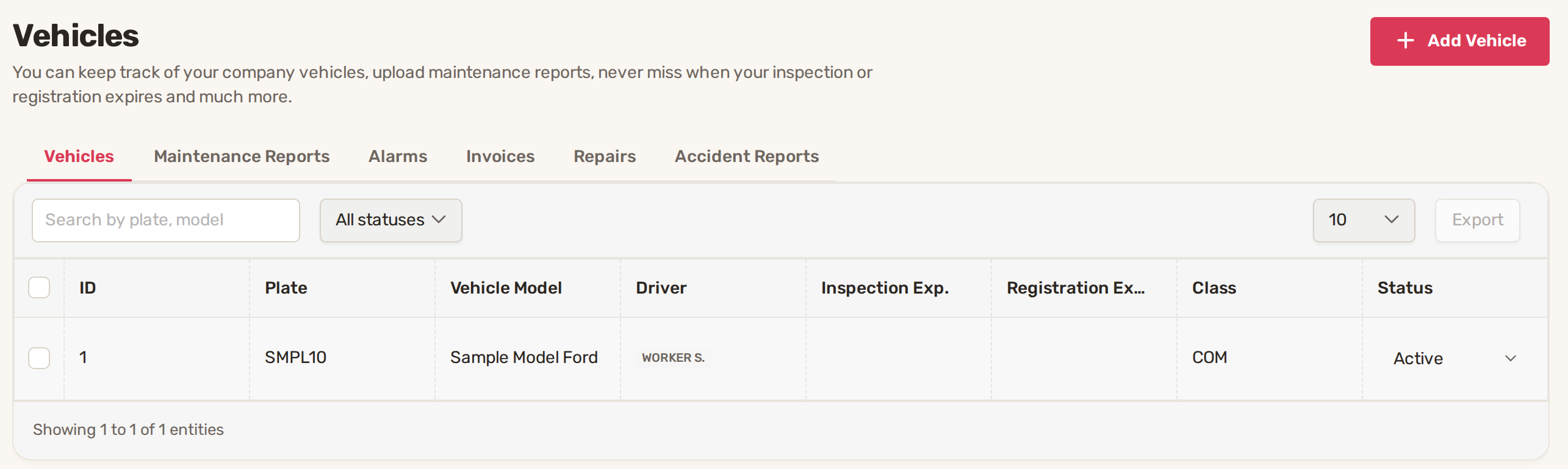 The Vehicles page with its six tabs and one vehicle in the list