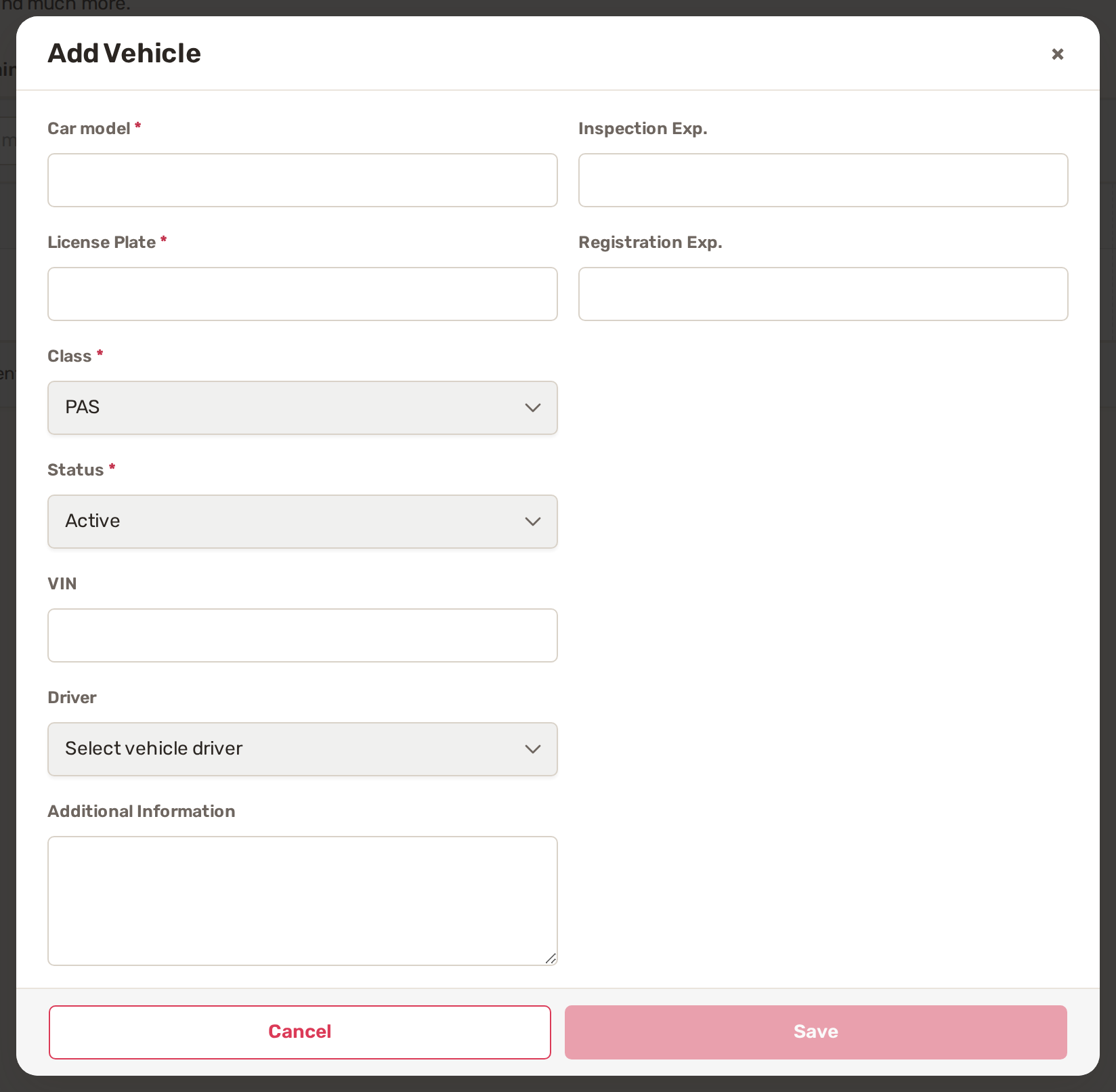 The Add Vehicle window with car model, license plate, class, status, VIN, driver and expiry dates