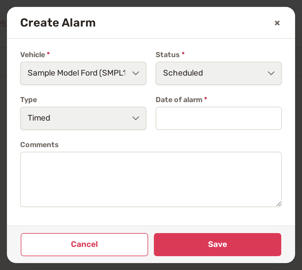 The Create Alarm window with vehicle, status, type, date of alarm and comments