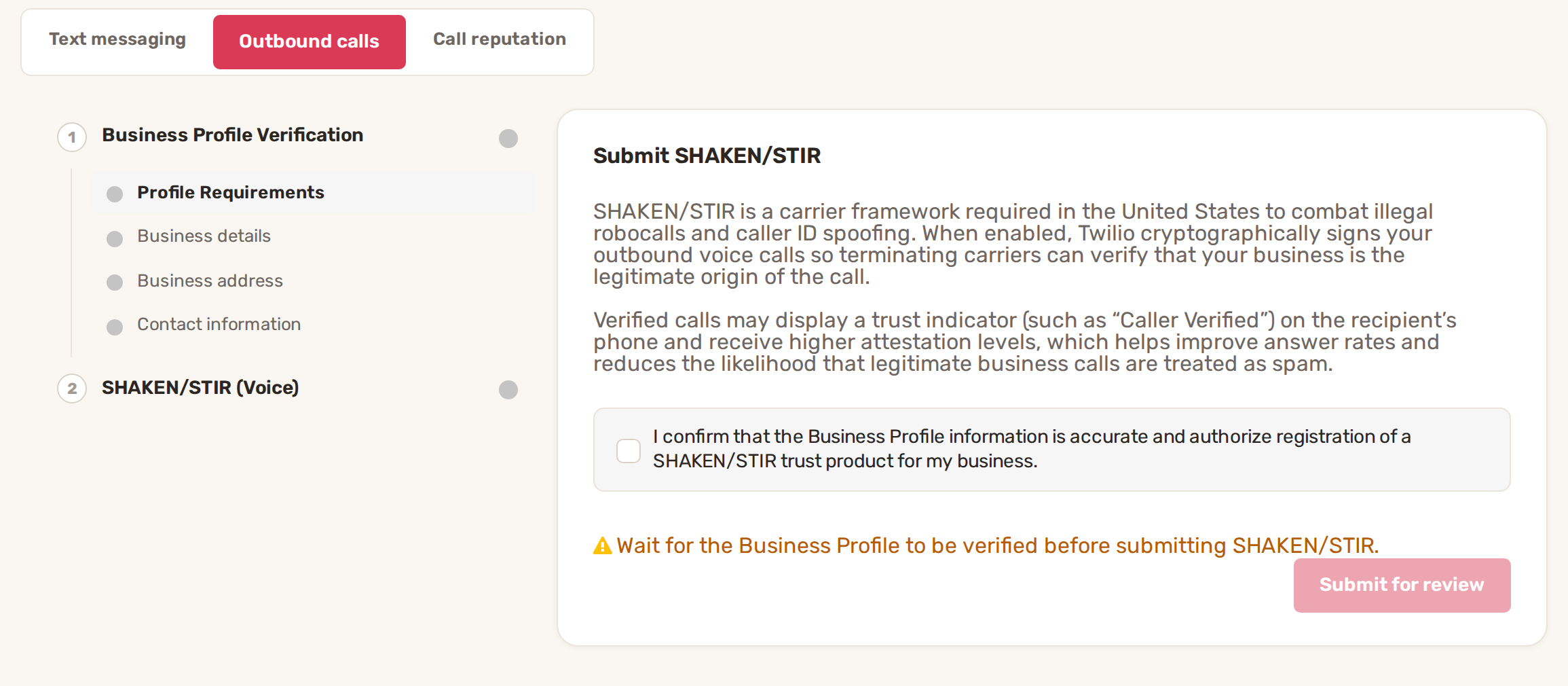 The Outbound calls tab with the Submit SHAKEN/STIR step and its confirmation box