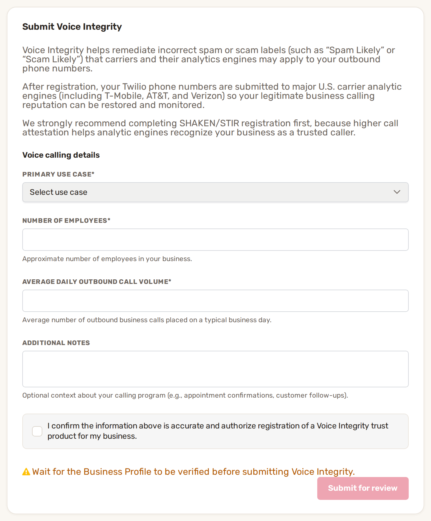 The Submit Voice Integrity form: primary use case, number of employees, average daily outbound call volume and additional notes