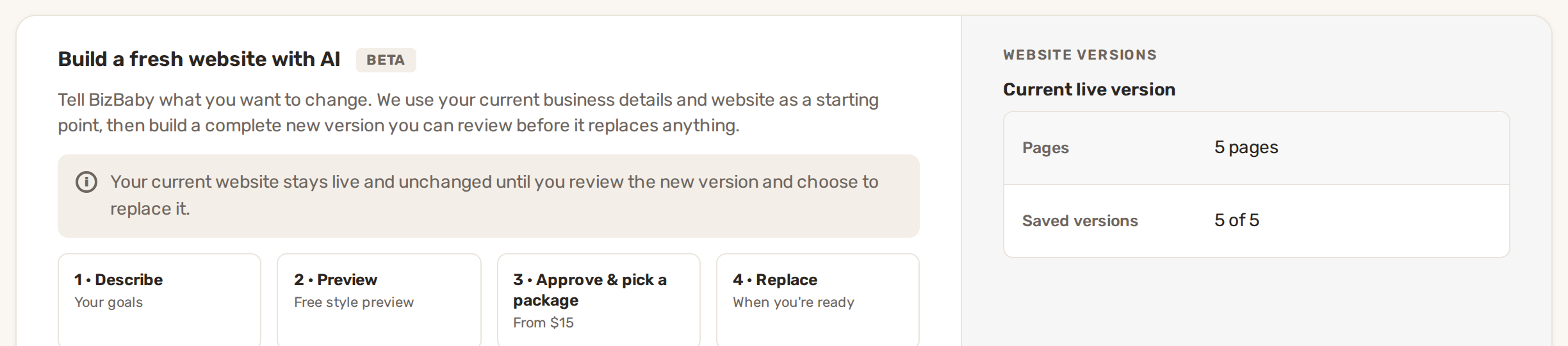 The Build a fresh website with AI card: Describe, Preview, Approve and pick a package, Replace