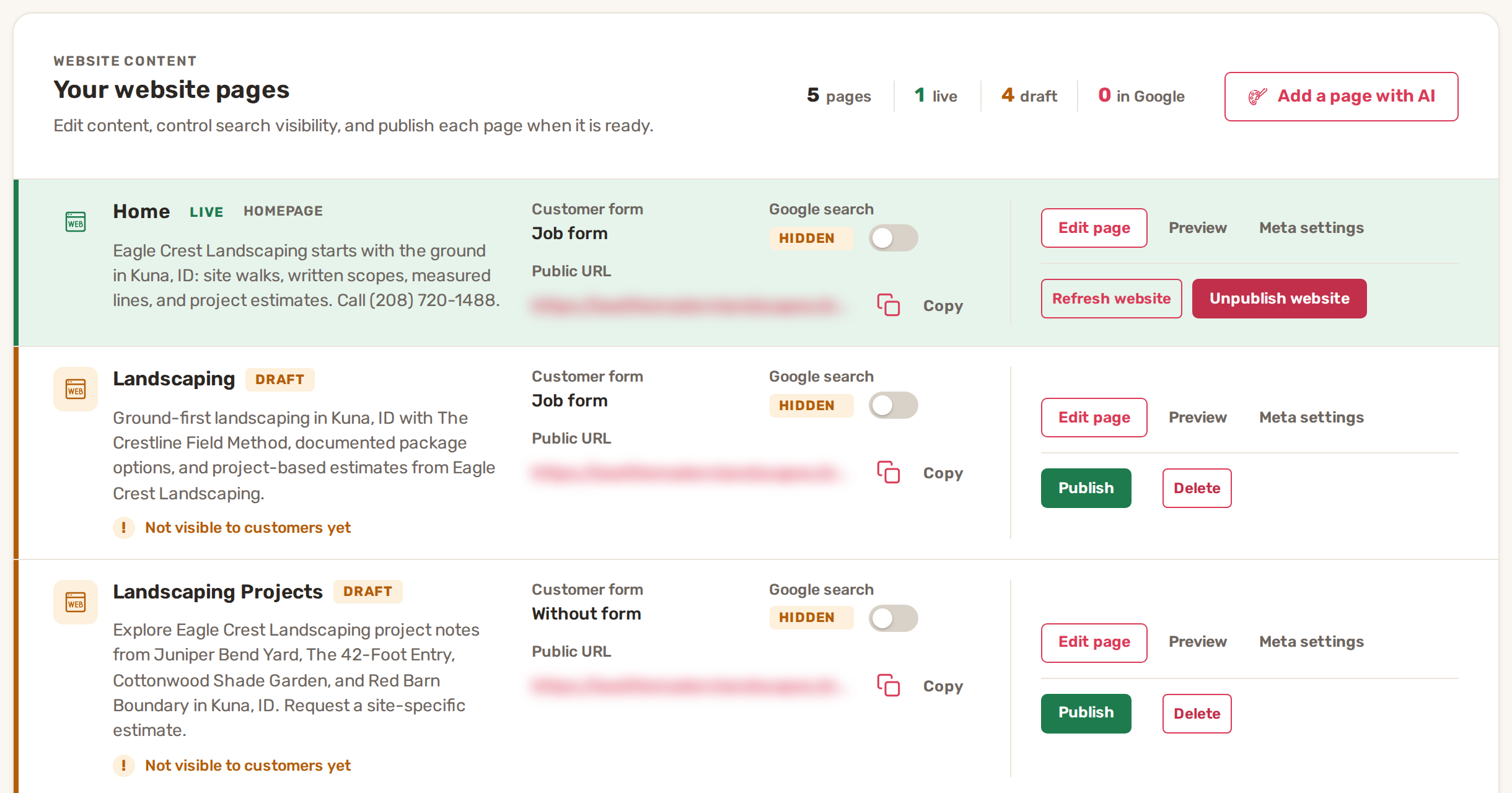 Your website pages: the live Home page and two draft pages with Edit page, Preview, Meta settings, Publish and Delete