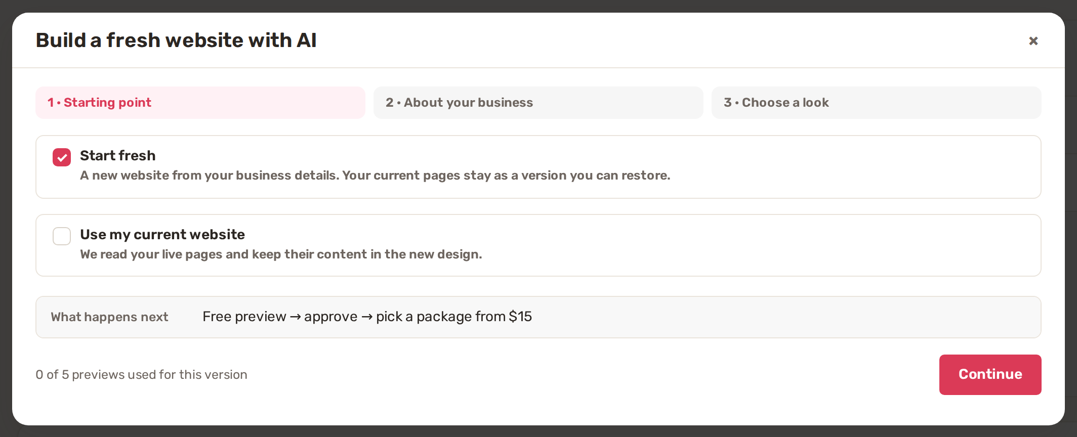 Build a fresh website with AI, step 1: Start fresh or Use my current website