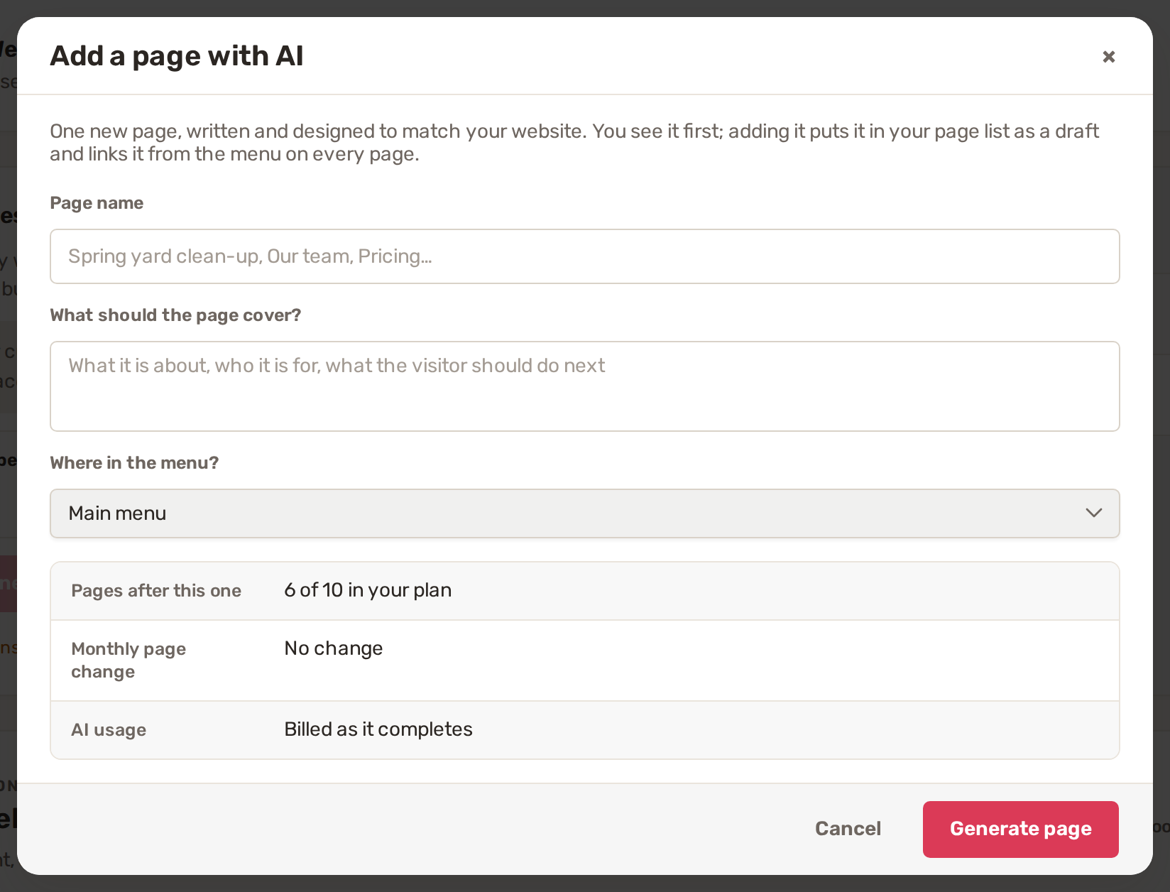 The Add a page with AI window with Page name, What should the page cover and Where in the menu