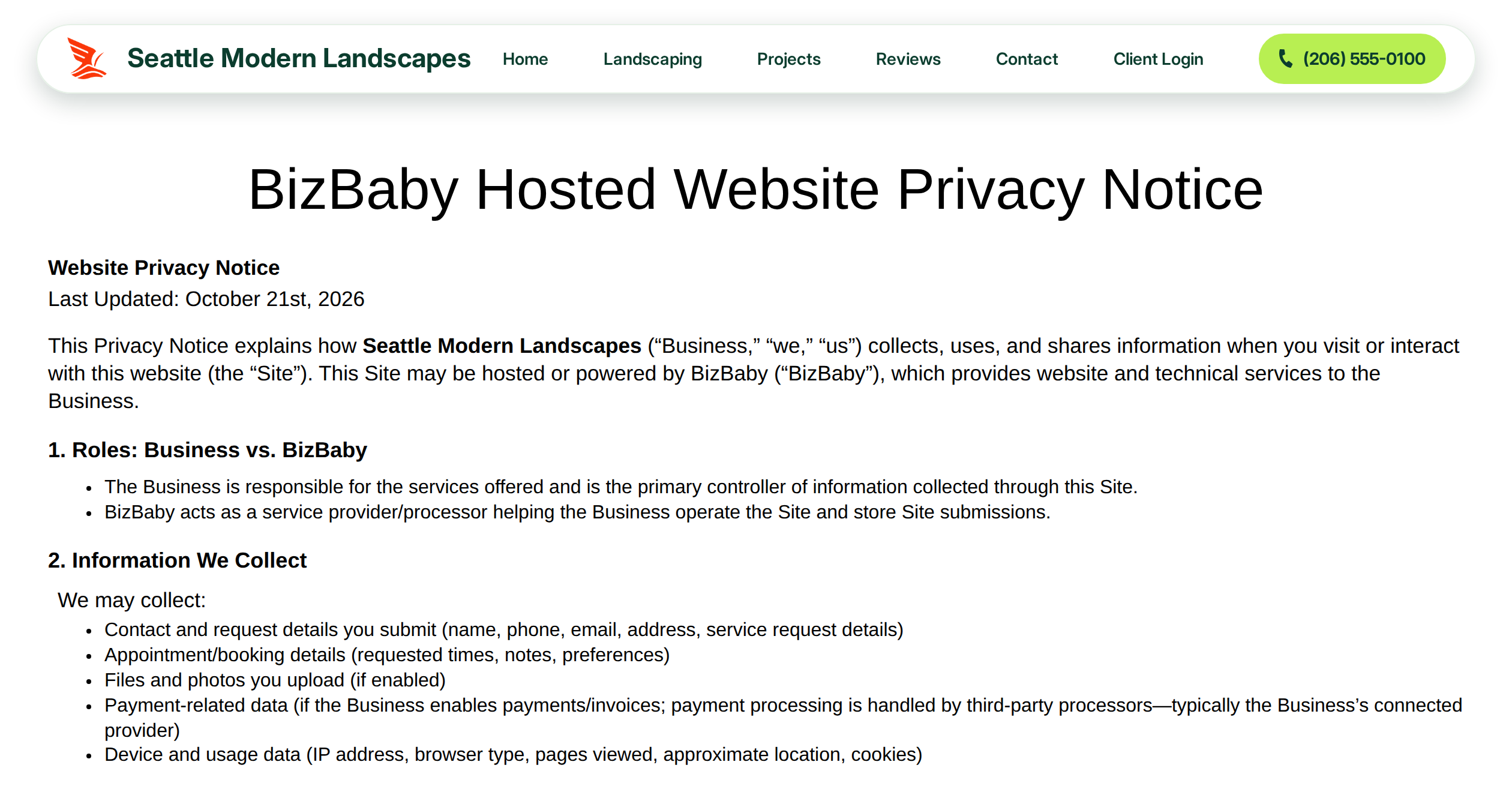 The top of the built-in Privacy Notice on a business website, with the business name filled in