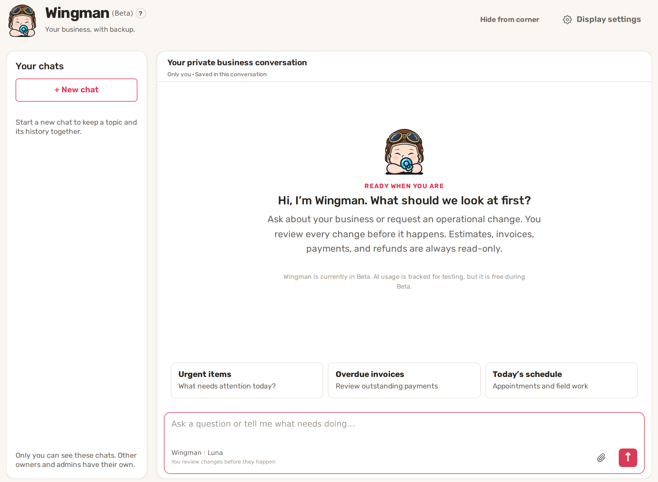 The Wingman page with Your chats on the left, the welcome message, three starter questions and the message box